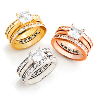 Gold over Sterling Square White Topaz Engraved Enhancer Engagement Ring Set