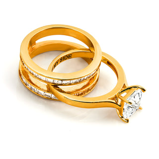 Gold over Sterling Square White Topaz Engraved Enhancer Engagement Ring Set