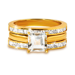 Gold over Sterling Square White Topaz Engraved Enhancer Engagement Ring Set