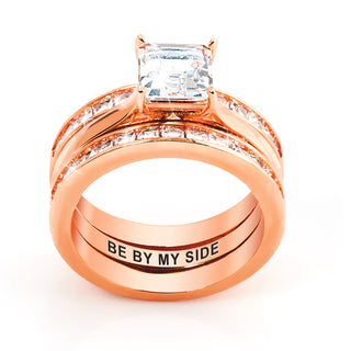 Rose Gold over Sterling Square White Topaz Engraved Enhancer Engagement Ring Set