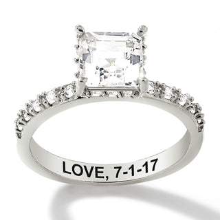 Platinum over Sterling Square Hidden Halo White Topaz Pave Band Engagement Ring
