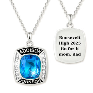 Unisex Sterling Silver Cushion Birthstone and CZ Personalized Graduation/Class Necklace