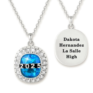 Unisex Sterling Silver Cushion Birthstone and CZ Personalized Graduation/Class Necklace