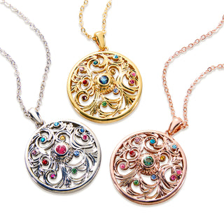 Round Family Birthstone Filigree Medallion Necklace