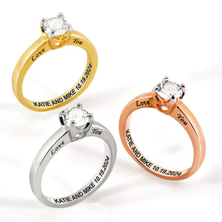 Rose Gold over Sterling Brillant White Topaz Solitaire Open Heart Engraved Wedding Ring