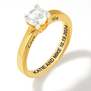 Gold over Sterling Brillant White Topaz Solitaire Open Heart Engraved Wedding Ring