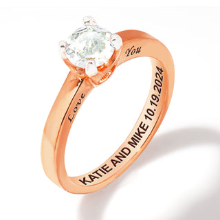 Rose Gold over Sterling Brillant White Topaz Solitaire Open Heart Engraved Wedding Ring