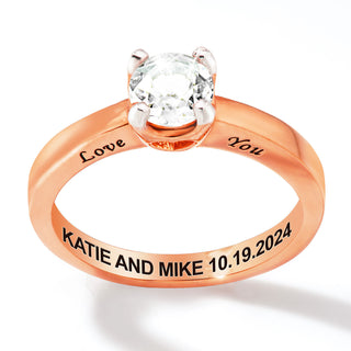 Rose Gold over Sterling Brillant White Topaz Solitaire Open Heart Engraved Wedding Ring