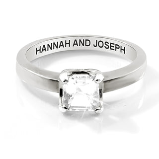 Platinum over Sterling Square White Topaz Solitaire Open Heart Engraved Wedding Ring
