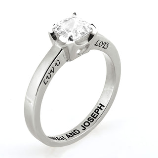 Platinum over Sterling Square White Topaz Solitaire Open Heart Engraved Wedding Ring