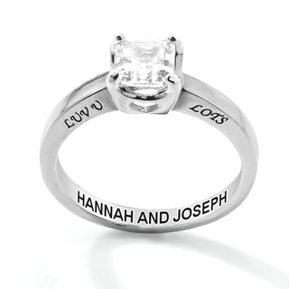 Platinum over Sterling Square White Topaz Solitaire Open Heart Engraved Wedding Ring