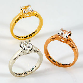 Gold over Sterling Square White Topaz Solitaire Open Heart Engraved Wedding Ring
