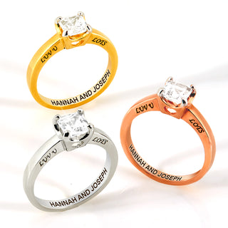 Rose Gold over Sterling Square White Topaz Solitaire Open Heart Engraved Wedding Ring