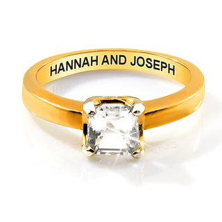 Gold over Sterling Square White Topaz Solitaire Open Heart Engraved Wedding Ring