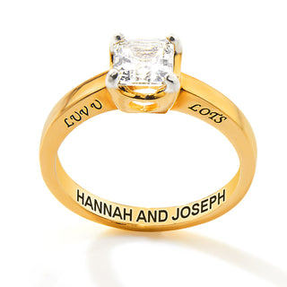 Gold over Sterling Square White Topaz Solitaire Open Heart Engraved Wedding Ring