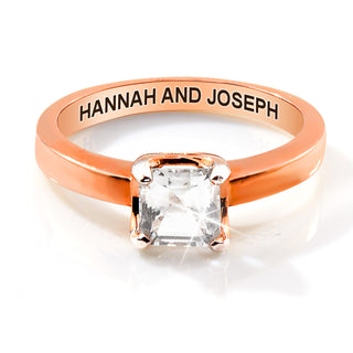 Rose Gold over Sterling Square White Topaz Solitaire Open Heart Engraved Wedding Ring