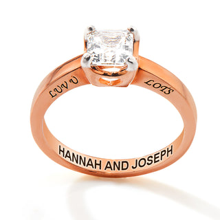 Rose Gold over Sterling Square White Topaz Solitaire Open Heart Engraved Wedding Ring