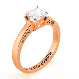 Rose Gold over Sterling Square White Topaz Solitaire Open Heart Engraved Wedding Ring