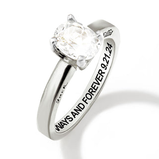 Platinum over Sterling Oval White Topaz Solitaire Open Heart Engraved Wedding Ring