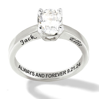 Platinum over Sterling Oval White Topaz Solitaire Open Heart Engraved Wedding Ring