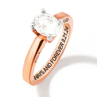 Rose Gold over Sterling Oval White Topaz Solitaire Open Heart Engraved Wedding Ring