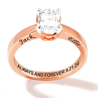 Rose Gold over Sterling Oval White Topaz Solitaire Open Heart Engraved Wedding Ring