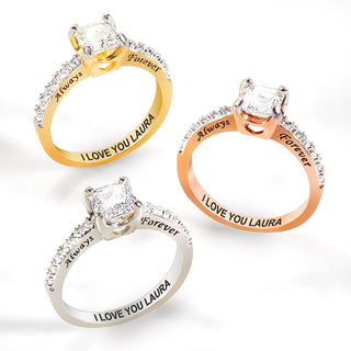 Rose Gold over Sterling Square White Topaz Open Heart Engraved Wedding Ring