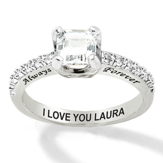 Platinum over Sterling Square White Topaz Open Heart Engraved Wedding Ring