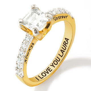 Gold over Sterling Square White Topaz Open Heart Engraved Wedding Ring