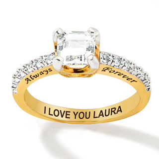 Gold over Sterling Square White Topaz Open Heart Engraved Wedding Ring