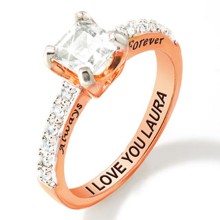 Rose Gold over Sterling Square White Topaz Open Heart Engraved Wedding Ring