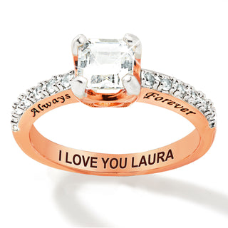 Rose Gold over Sterling Square White Topaz Open Heart Engraved Wedding Ring