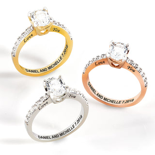 Platinum over Sterling Oval White Topaz Open Heart Engraved Wedding Ring