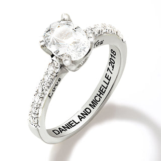 Platinum over Sterling Oval White Topaz Open Heart Engraved Wedding Ring