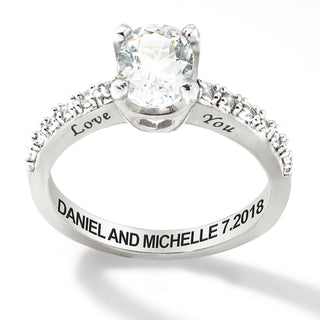 Platinum over Sterling Oval White Topaz Open Heart Engraved Wedding Ring