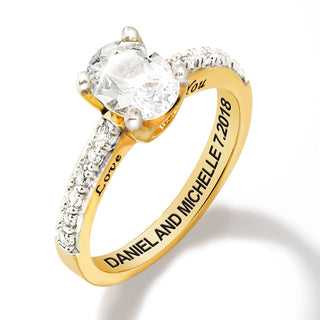 Gold over Sterling Oval White Topaz Open Heart Engraved Wedding Ring