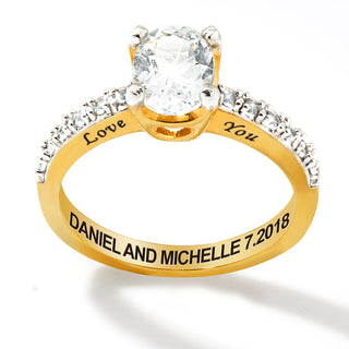 Gold over Sterling Oval White Topaz Open Heart Engraved Wedding Ring
