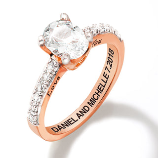 Rose Gold over Sterling Oval White Topaz Open Heart Engraved Wedding Ring