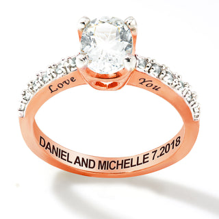 Rose Gold over Sterling Oval White Topaz Open Heart Engraved Wedding Ring