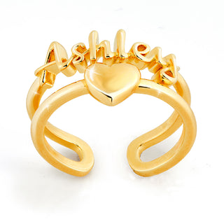 Gold Script Name and Heart Double Row Ring
