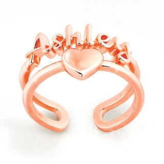 Rose Gold Script Name and Heart Double Row Ring