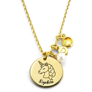 Girls' Sterling Silver Personalized Unicorn Birthstone Clster Necklace