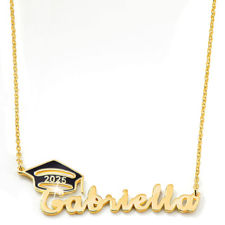 Graduation Name Plaque with Enamel Grad Cap Necklace