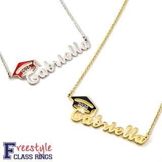 Graduation Name Plaque with Enamel Grad Cap Freestyle Class/ Graduation Necklace