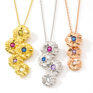 14K Rose Gold Plated Vertical Flower Birthstone Necklace - 1 to 5 stones
