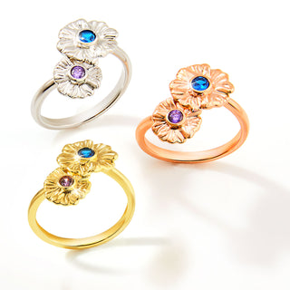 Silver Plated Double Flower Birthstone Ring