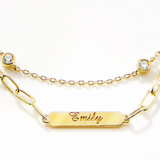 Engraved Plaque and CZ Station Layered Multichain Necklace