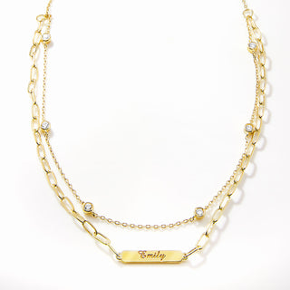 Engraved Plaque and CZ Station Layered Multichain Necklace