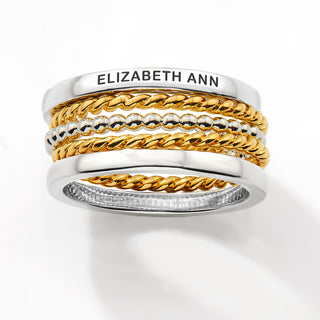 Two-Tone Silver and Gold Plated Personalized Roped Stackable 5 Ring Set