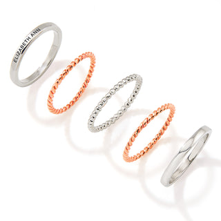 Two-Tone Silver and Rose Gold Plated Personalized Roped Stackable 5 Ring Set